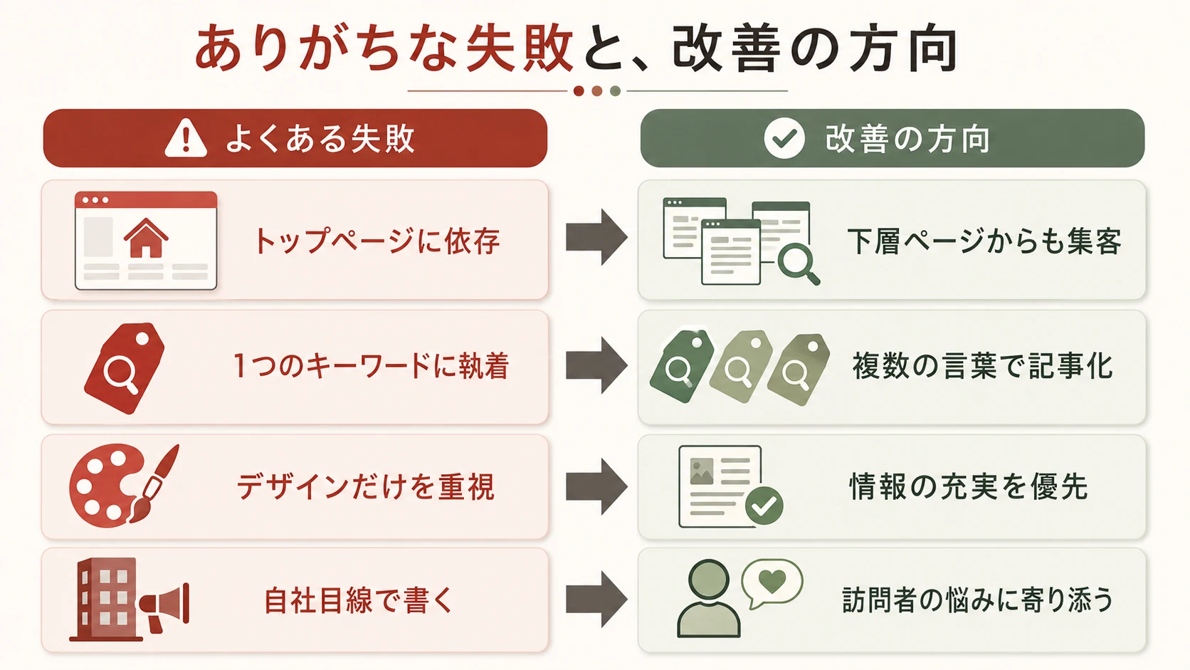 ホームページ運用のありがちな失敗と改善の方向を対比した図